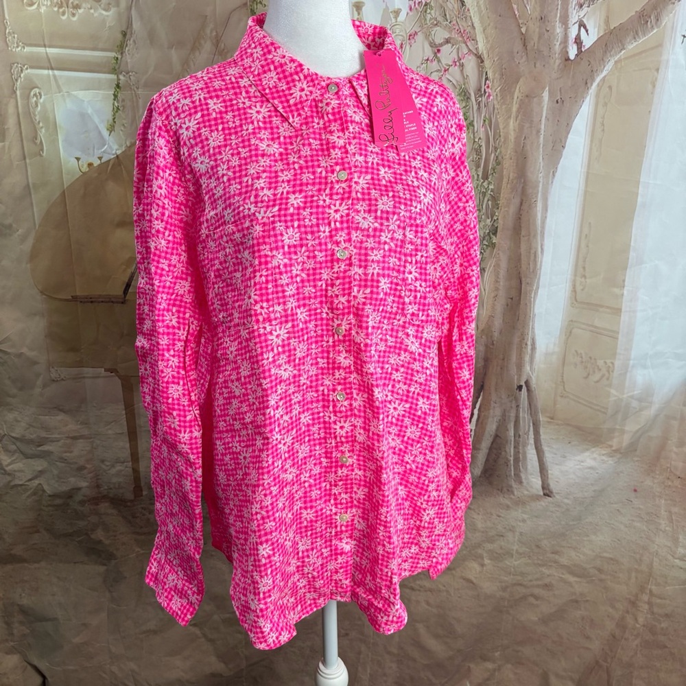NEW Lilly Pulitzer Sea View Pink Aura linen Button Down - Picture 2 of 12